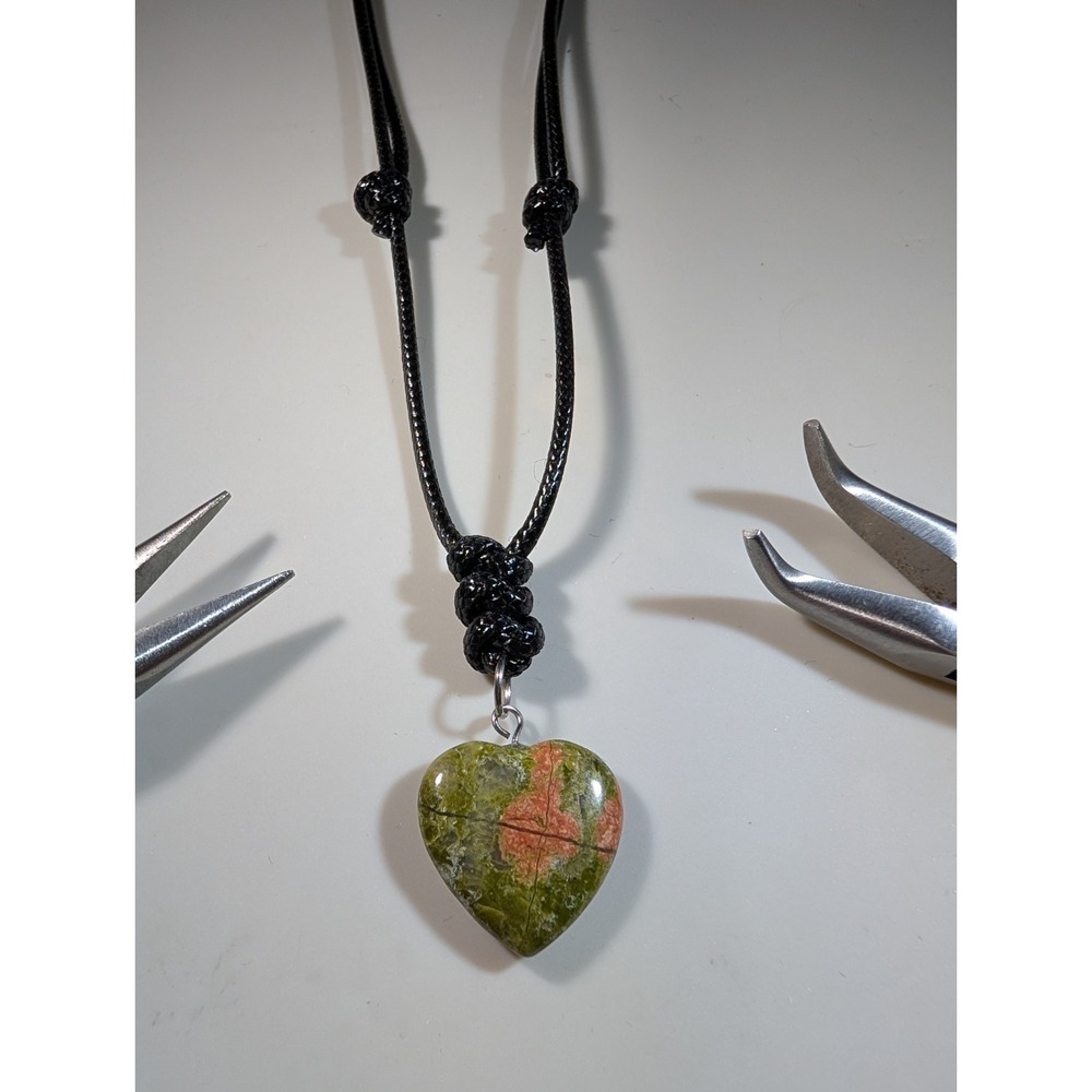 Unakite Heart Pendant Necklace Adjustable Black Cord Boho Gemstone Jewelry NEW
